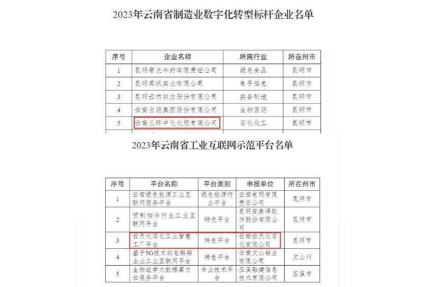 祝贺！云天化集团两家企业入选云南省2023年数字化转型标杆示范名单