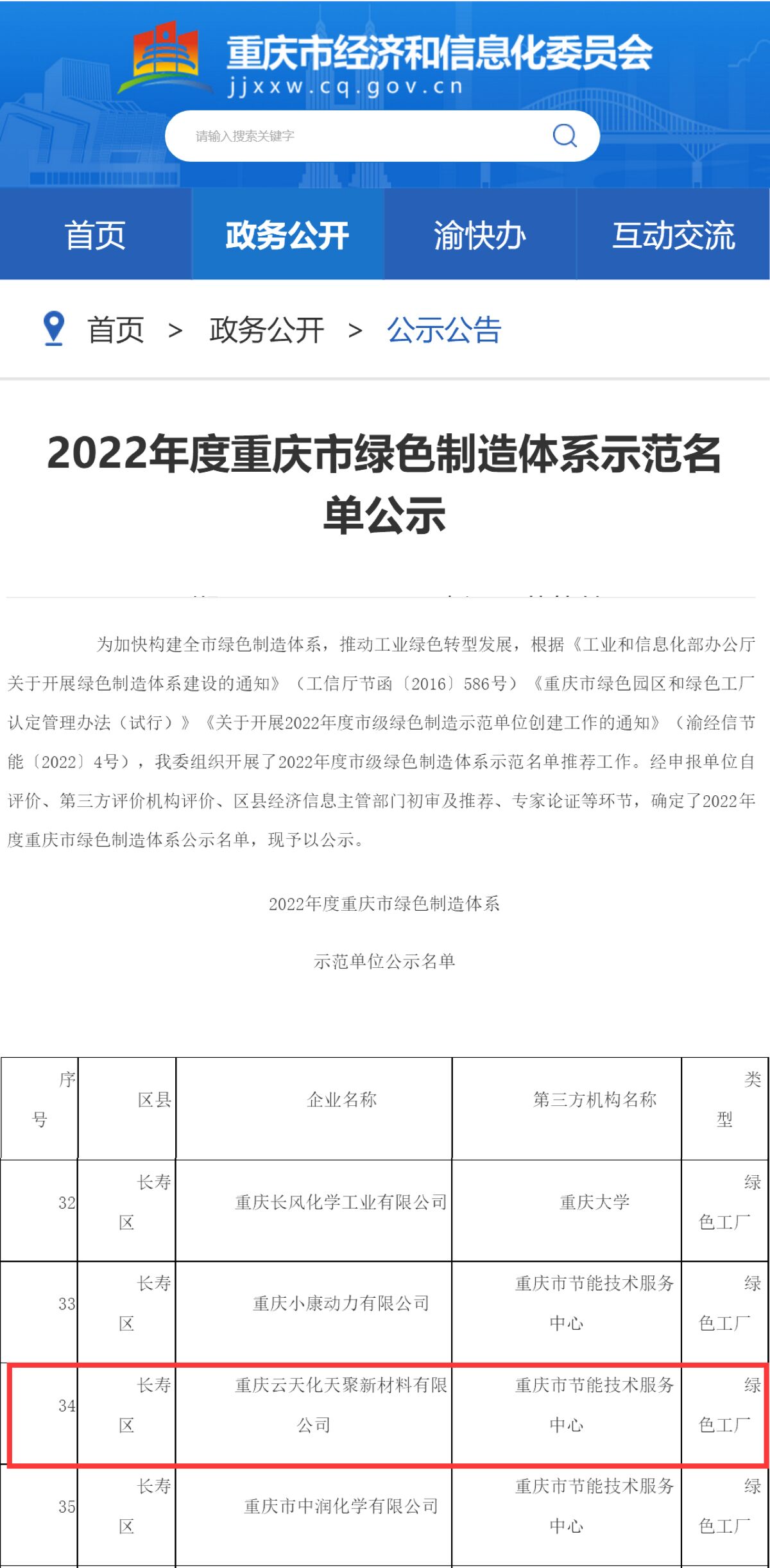 天聚新材荣获重庆市“绿色工厂”称号